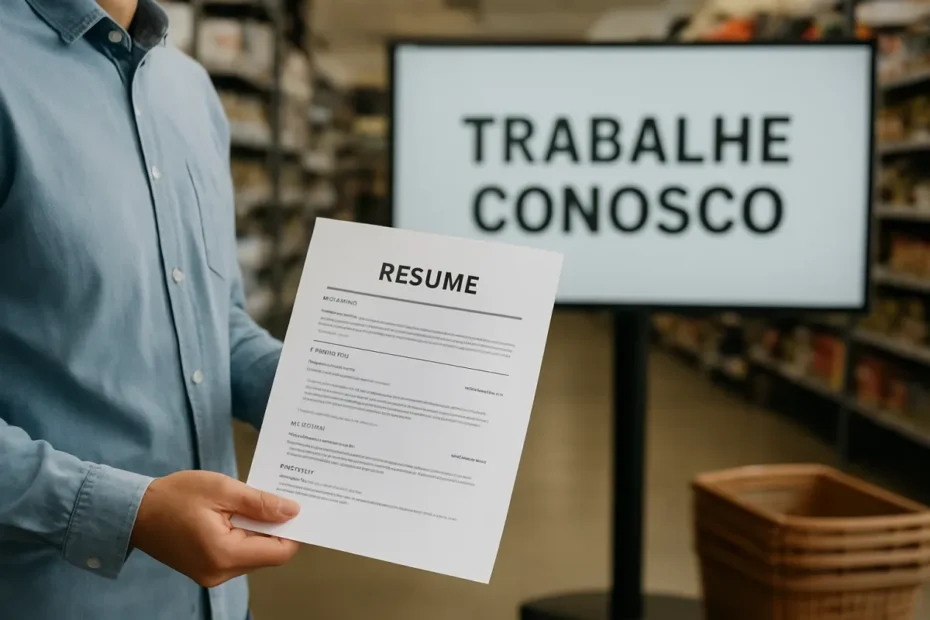 Pessoa com CV na mão diante de prateleiras, representando candidatura ao Assaí Atacadista
